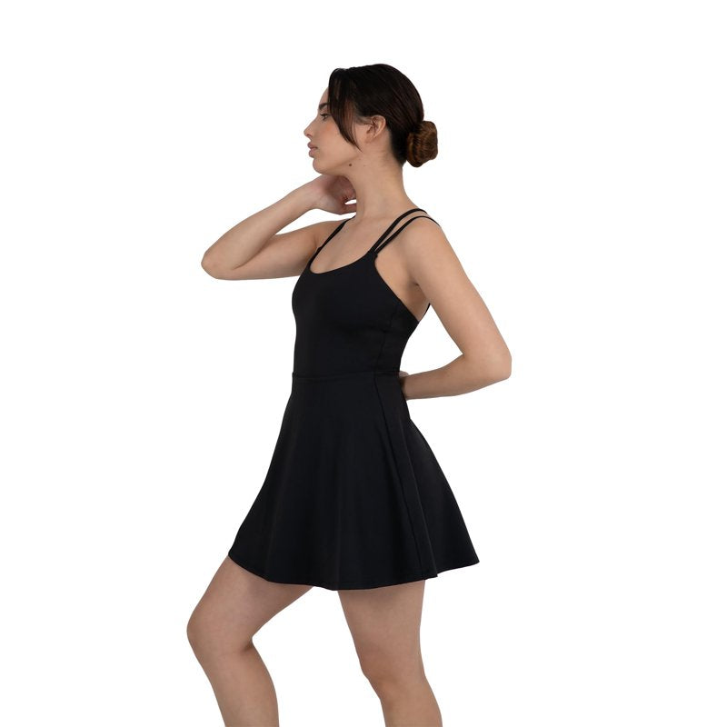 Women's Active Tennis Dress with Built-In Shorts & Supportive Straps - Black