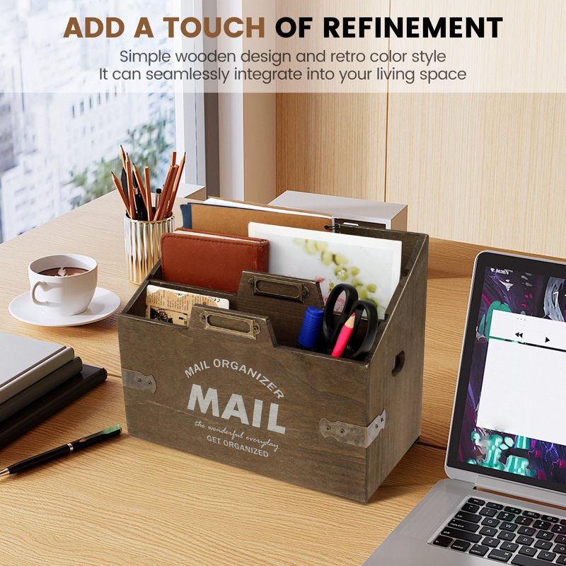 Wood Letter Mail Organizer with 3 Compartments - Countertop Desk File Sorter