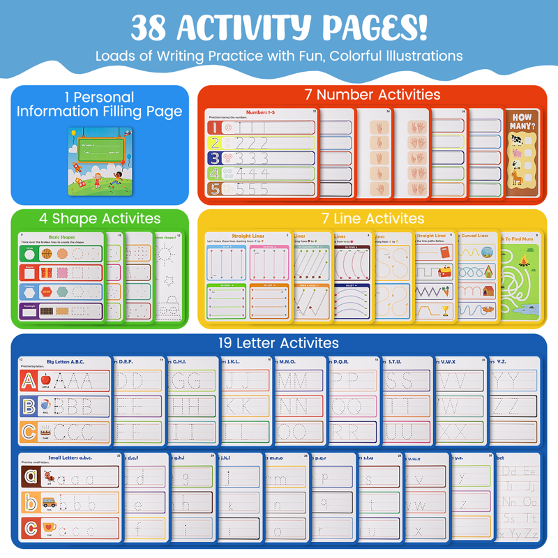 Reusable Tracing Workbook Set for Preschool Kids Ages 3-6 - Handwriting & Number Practice
