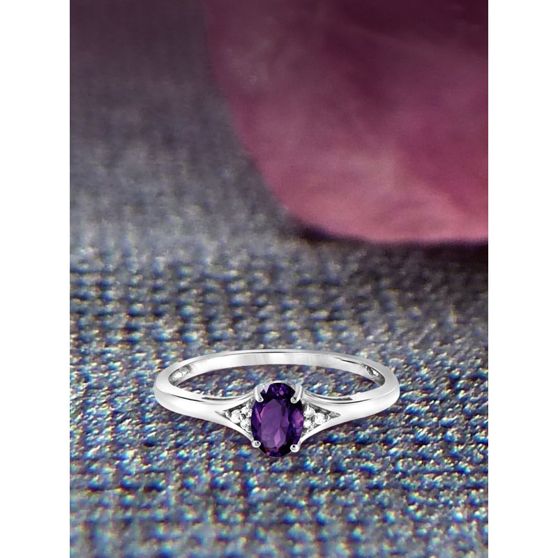 Amethyst Gemstone Ring with White Diamond Accents - Sterling Silver Birthstone Jewelry for Women