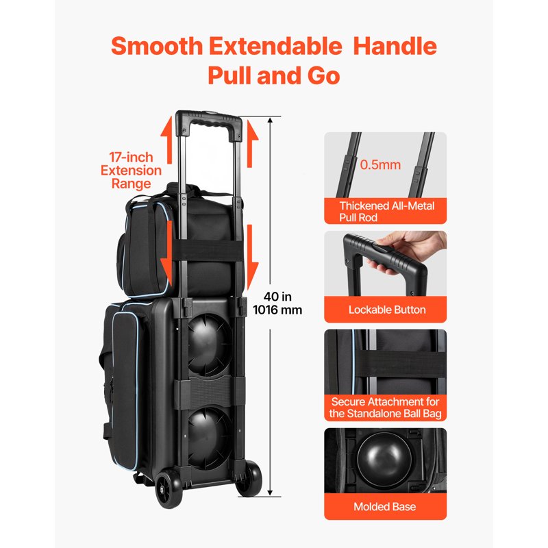3-Ball Bowling Bag with Wheels, Shoe Compartment & Retractable Handle