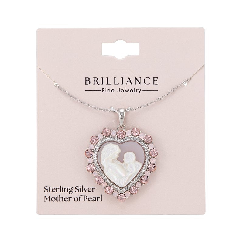 Sterling Silver Heart Pendant with Mother of Pearl & Crystals – Mom Gift Necklace 18"