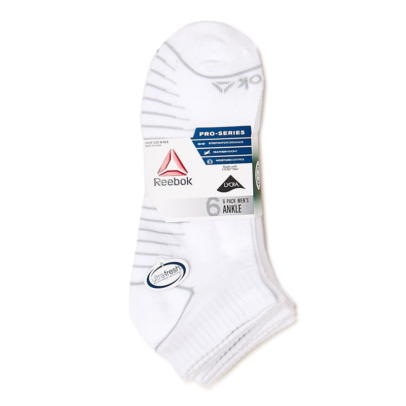 Reebok Men's Pro Series Lightweight Ankle Socks 6-Pack - White, 6-12.5
