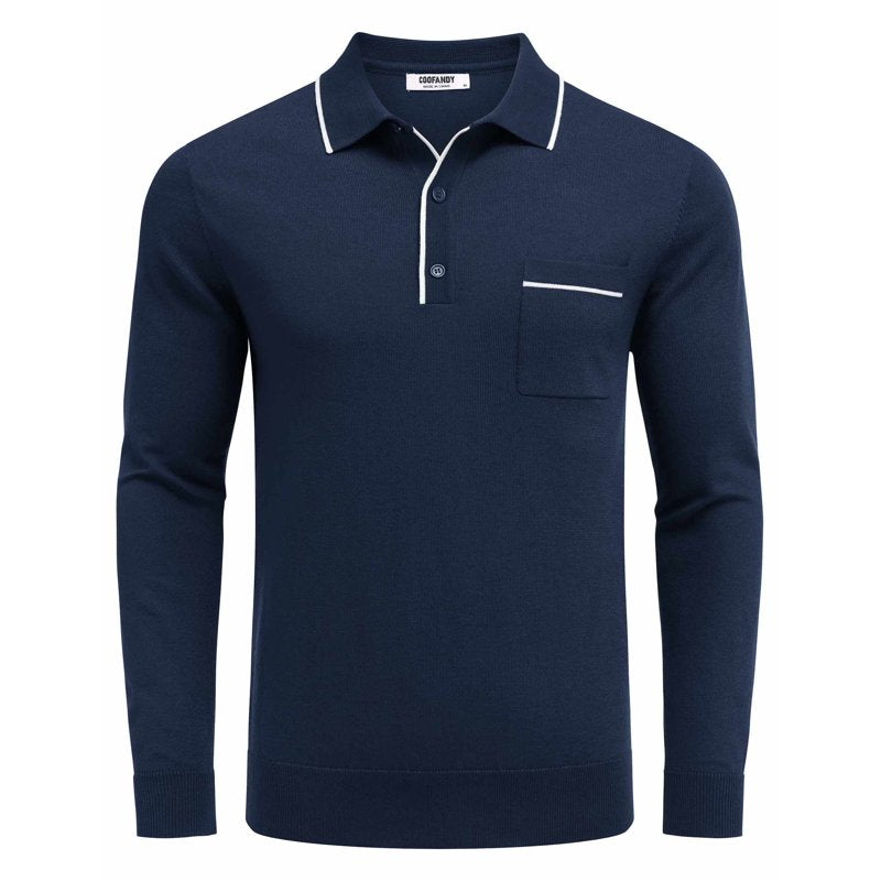 Men's Knit Polo Shirt Long Sleeve Casual Business Sweater with Pocket