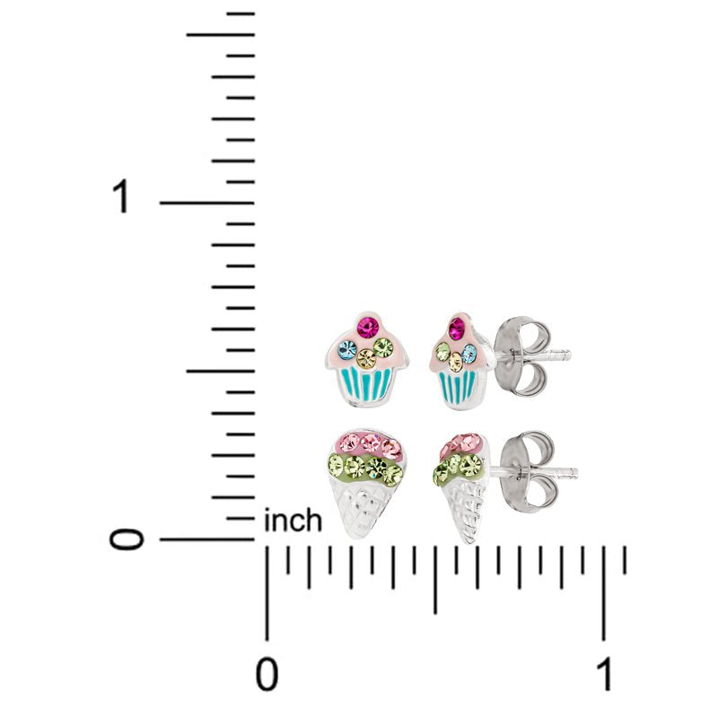 Kids Sterling Silver Crystal Cupcake & Snow-Cone Stud Earrings Set - Hypoallergenic Jewelry for Girls