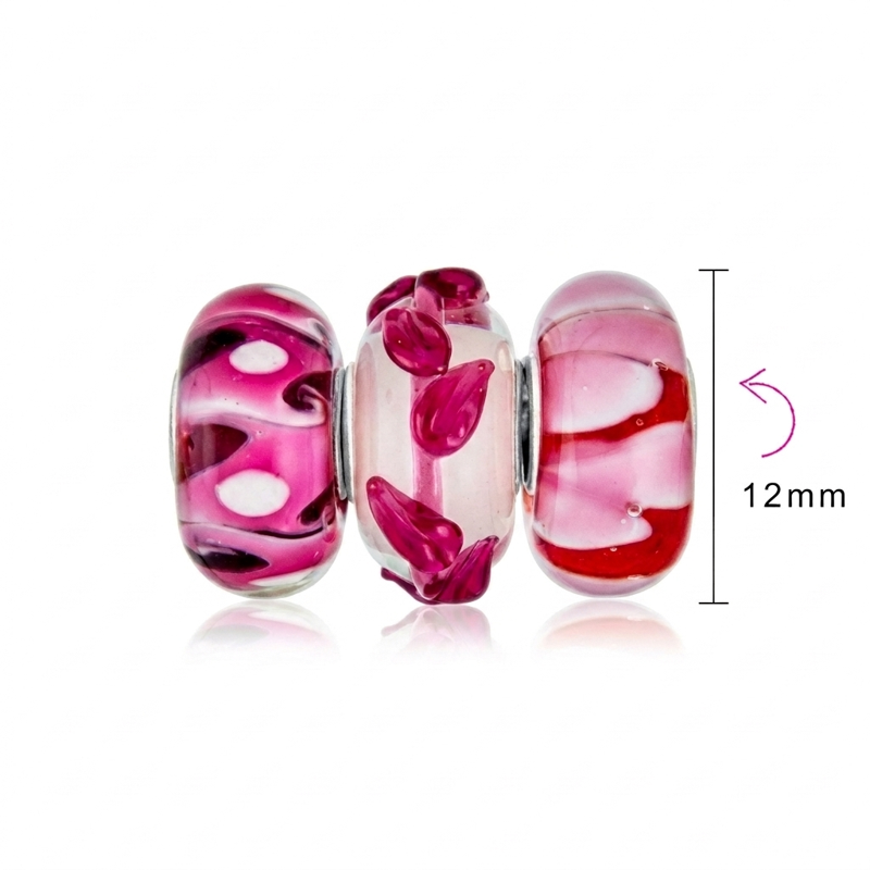 Mixed Pink Murano Glass Charm Beads for Bracelets & Jewelry Making - Sterling Silver Core