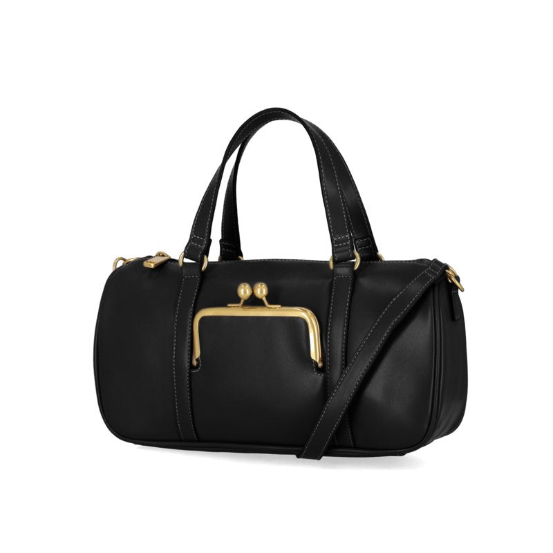 Women's Faux Leather Satchel Handbag with Kiss-Lock Pocket - Black