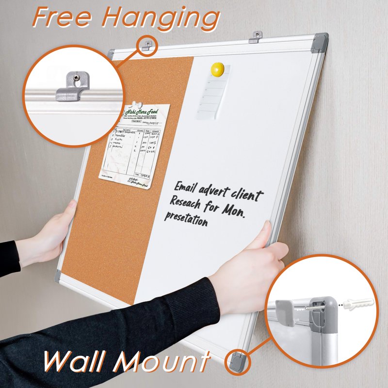 Combination Dry Erase Cork Board 24x18 Inches - Magnetic Whiteboard & Bulletin Board