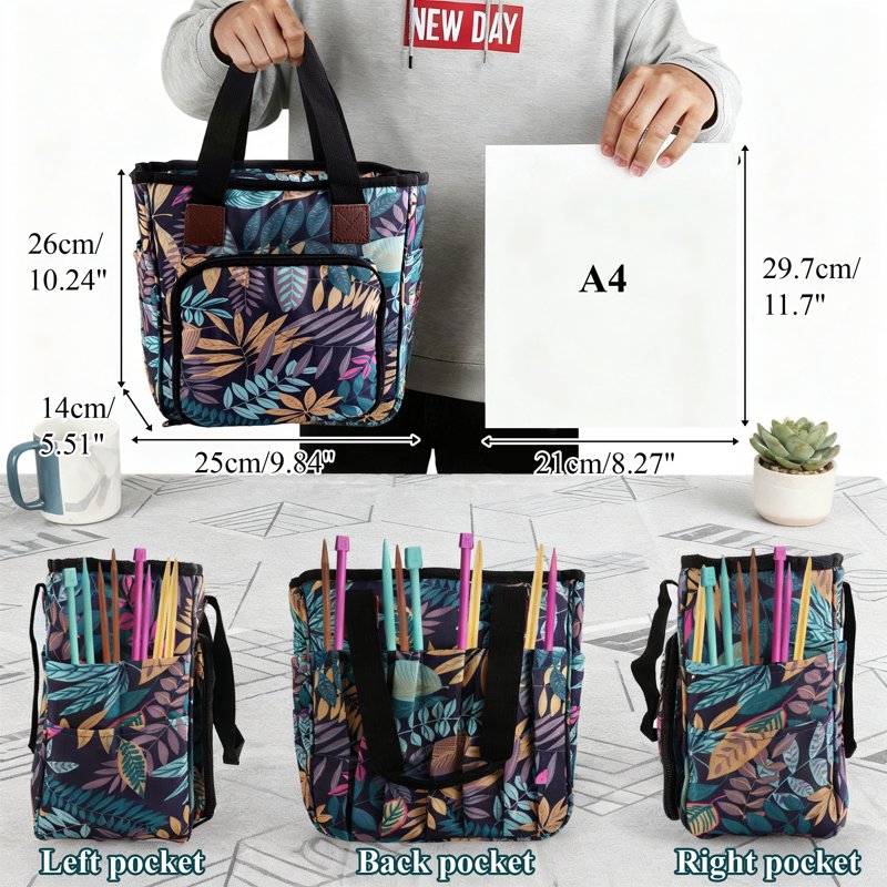 Crochet Yarn Organizer Bag with Multiple Compartments and Accessories - Blue