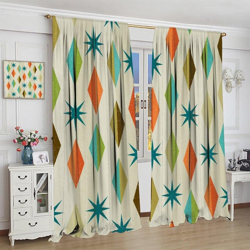 Mid Century Style Grunge Atomic Pattern Curtains - Thermal Insulated 2 Panel Sets