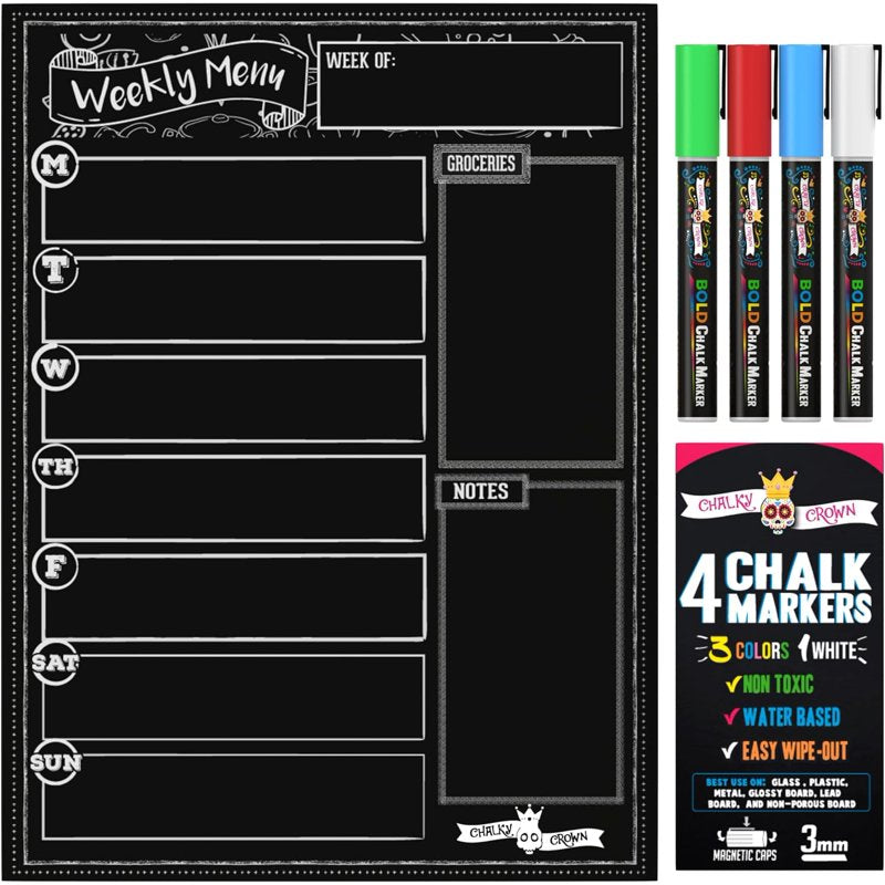 Magnetic Dry Erase Menu Board for Refrigerator with 4 Chalk Markers - Weekly Meal Planner & Grocery List, 15.6 x 11.6 Inches
