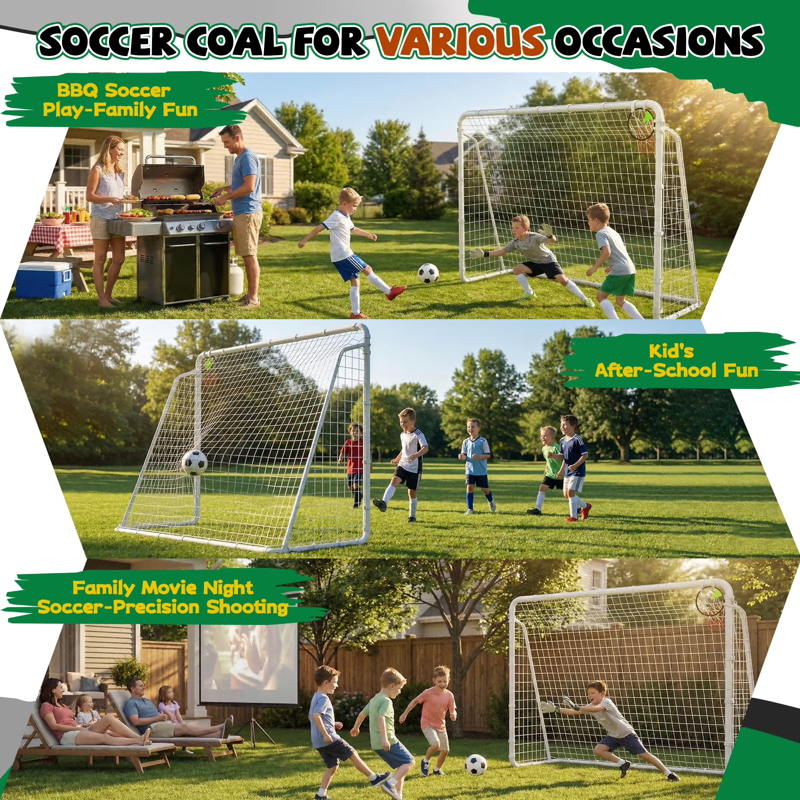 8' x 6' Set of 2 Heavy-Duty Soccer Goals with Steel Frame, Shooting Ring, Cones & Stakes (Mersco) - Backyard Outdoor Soccer Equipment