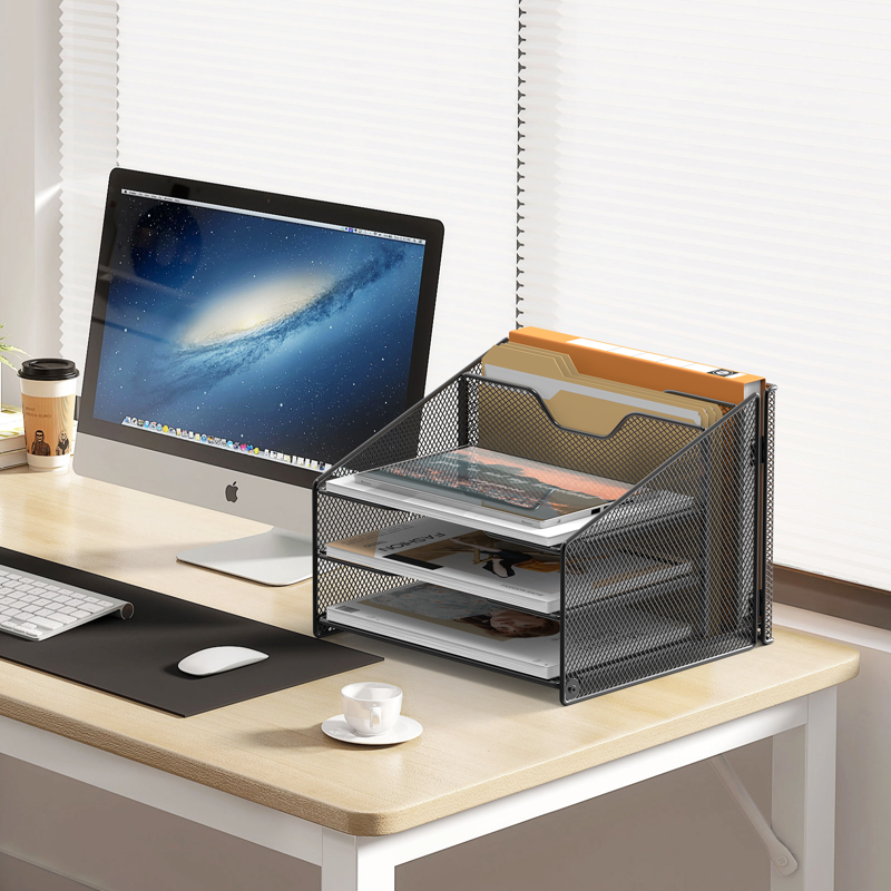 Mesh Desk File Organizer with 3 Paper Trays and Vertical Sections - Black