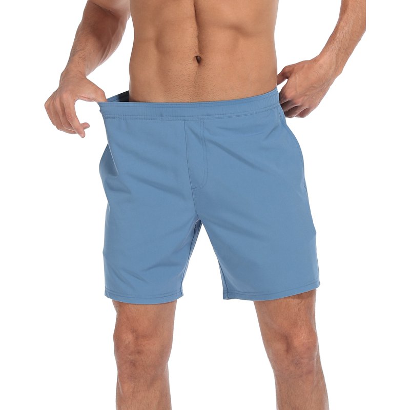Men's 7-Inch Inseam Athletic Shorts with Compression Liner - Blue/Pink Surfer Dino, Size S