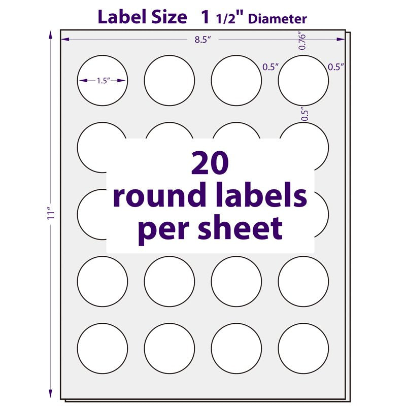 Printable Round Labels 1.5 Inch Matte White Stickers for Laser Inkjet - 25 Sheets 500 Labels