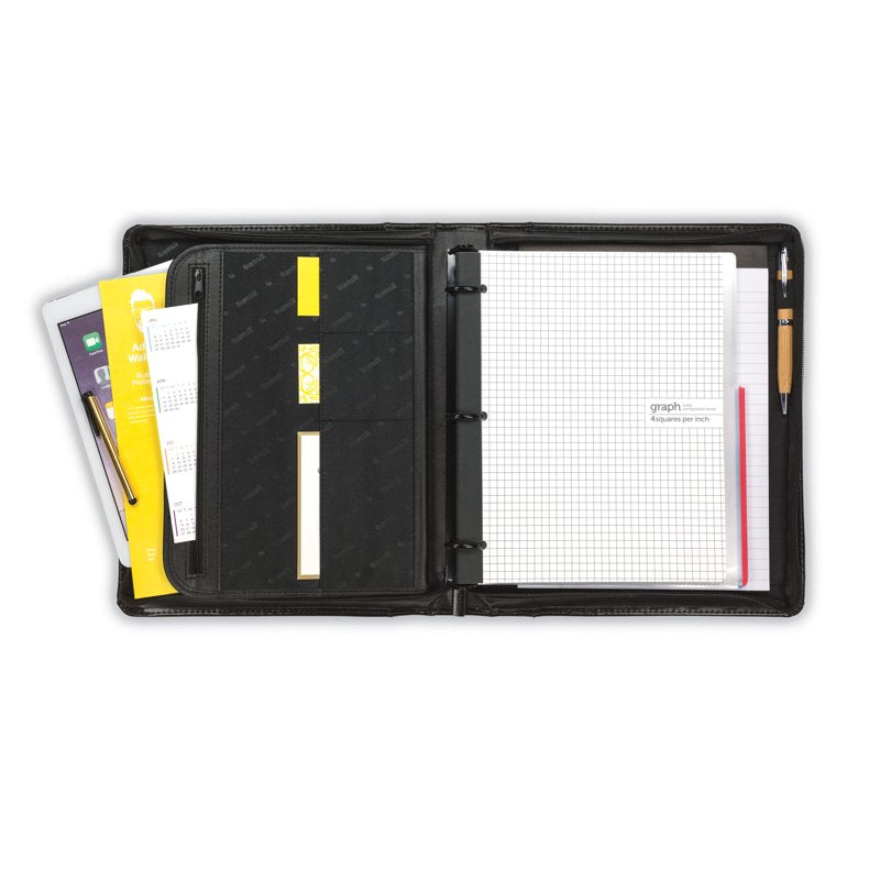 Leather Zipper Binder Portfolio with Ring Organizer - Black, 1.5 Inch Rings