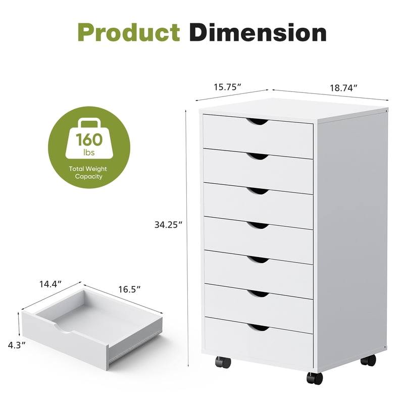 7-Drawer Storage Cabinet on Wheels for Home Office Bedroom Organization, White