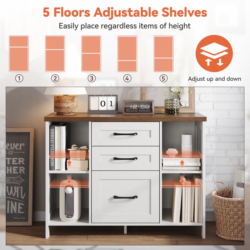 Wood 3-Drawer Lateral File Cabinet with Shelves - White Home Office Storage