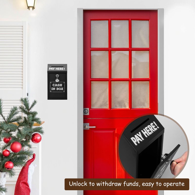Metal Donation Box with Key Lock Wall Mount Cash Drop Safe Outdoor Indoor