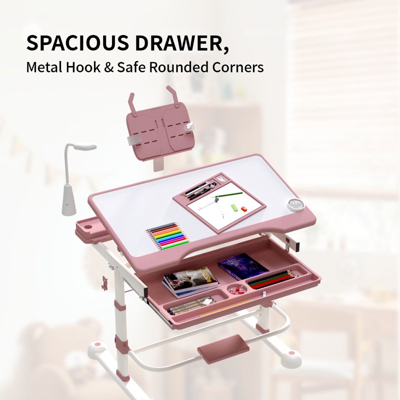 Kids Adjustable Study Desk & Chair Set with LED Light, Tilt Top, Storage Drawer