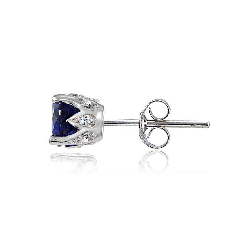 Blue Sapphire and White Topaz Sterling Silver Crown Stud Earrings – Birthstone Jewelry for Women & Teens