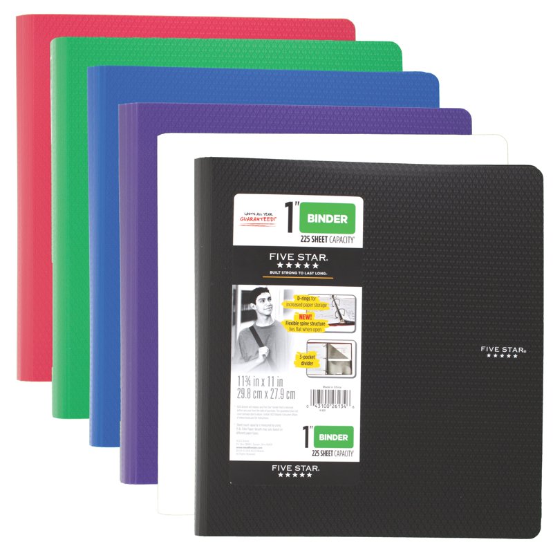 1-Inch Plastic Binder with D-Rings, 225 Sheets, Assorted Colors, 11 3/4 x 11 Inches
