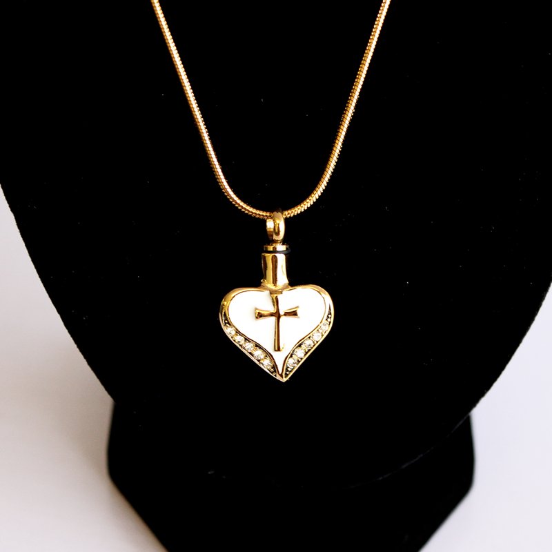 Cross on Heart Memorial Necklace for Ashes Stainless Steel Cremation Jewelry - Gold & Silver Options