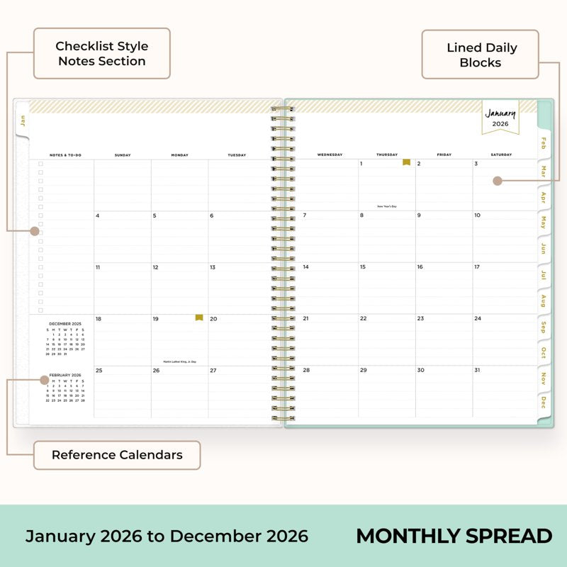 2026 Weekly & Monthly Planner Calendar - 8.5 x 11 Mint Cover with Stickers