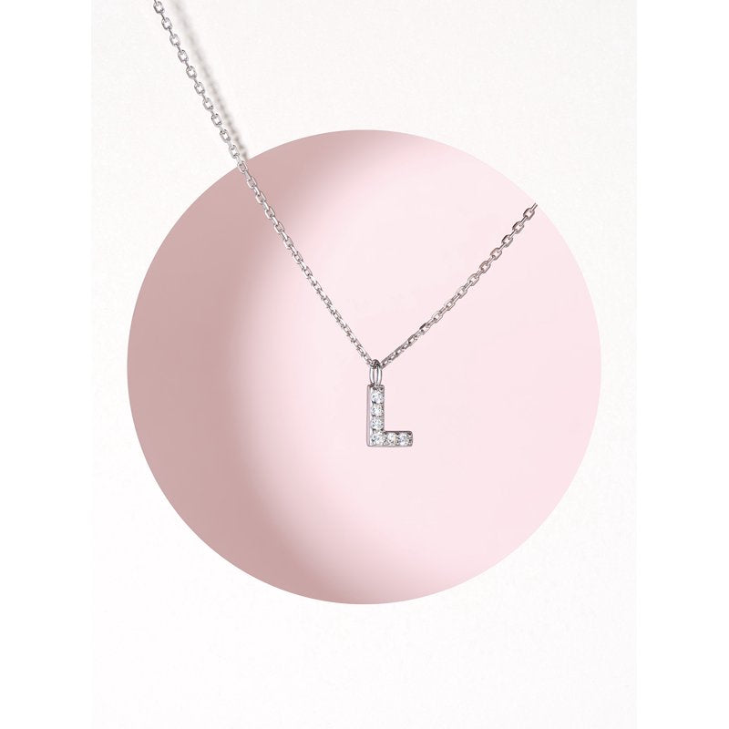 Women's Initial Letter CZ Necklace in Sterling Silver - 18 Inch Pendant
