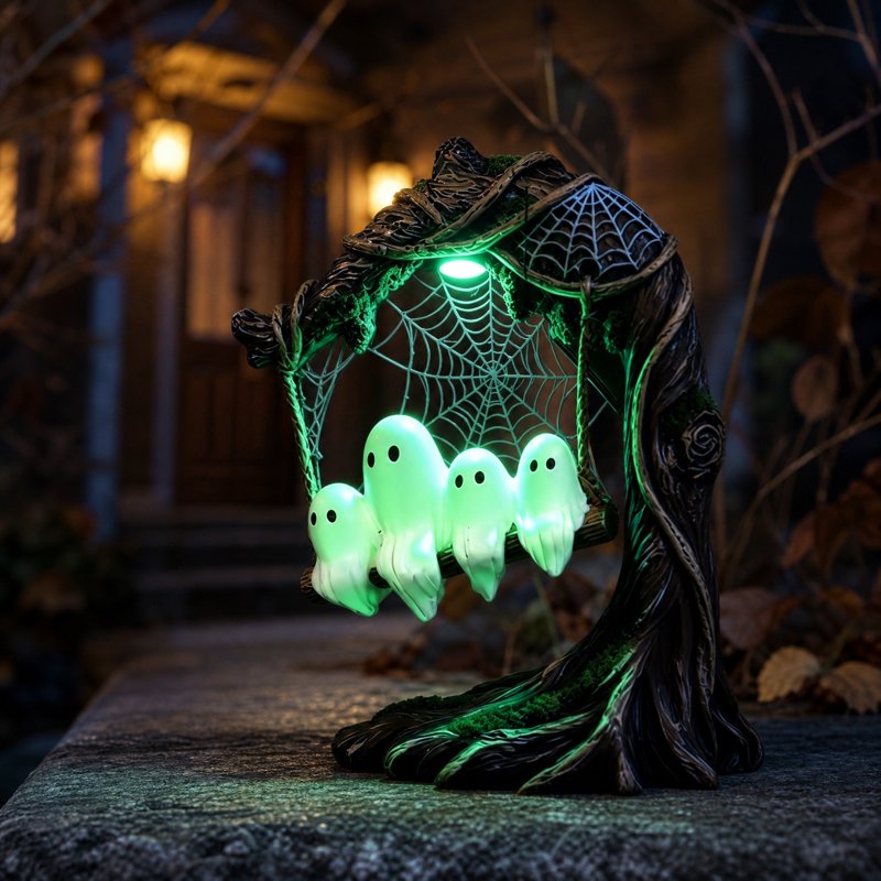 Halloween Glowing Ghost Ornament with Swinging Shadow for Outdoor Decor