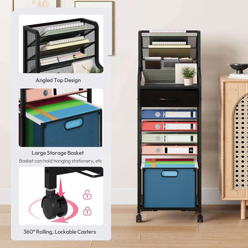 10-Tier Mesh File Cart with Lockable Wheels and Drawers - Black Office Organizer