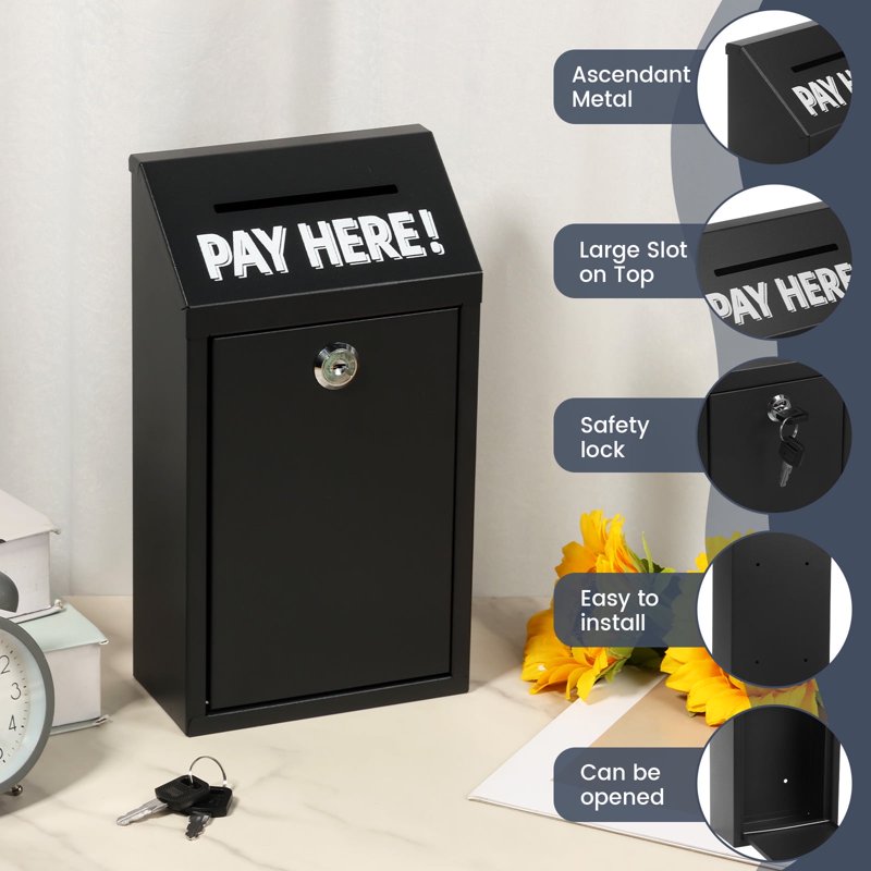 Wall Mounted Metal Donation Box with Lock and Keys for Secure Cash and Suggestion Collection