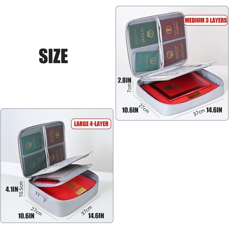 Fireproof Waterproof Document Safe Box with Lock - Portable Home Travel Security Storage