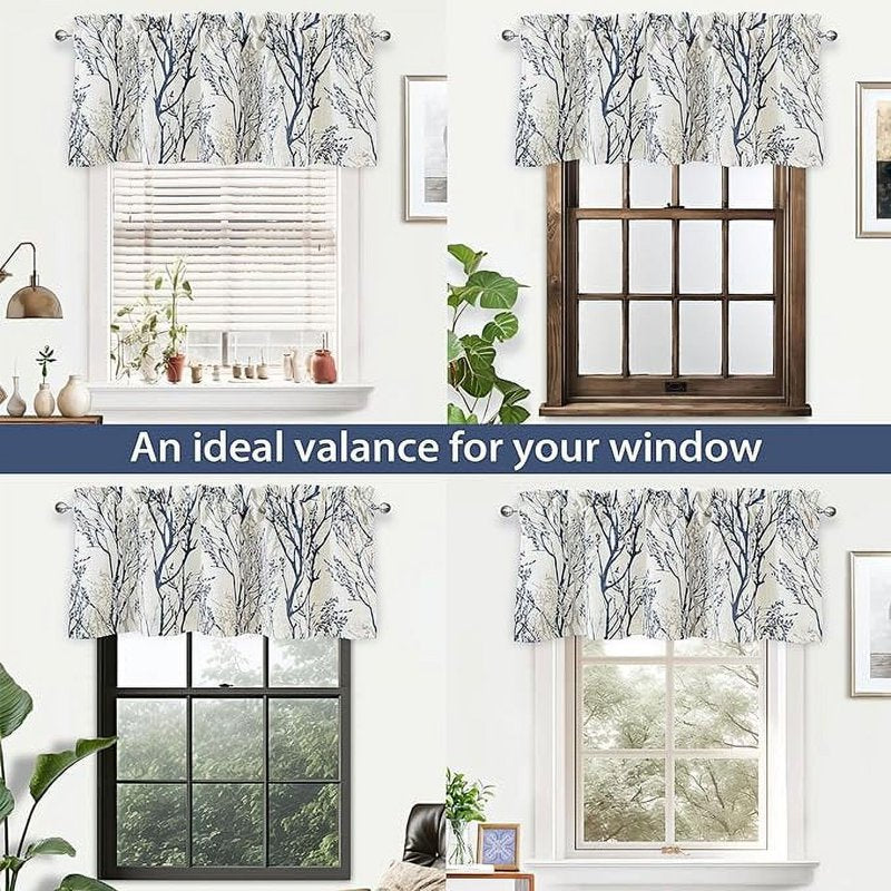 Linen Tree Branch Valance for Windows - Thermal Insulated, 52x14 Inches, Blue
