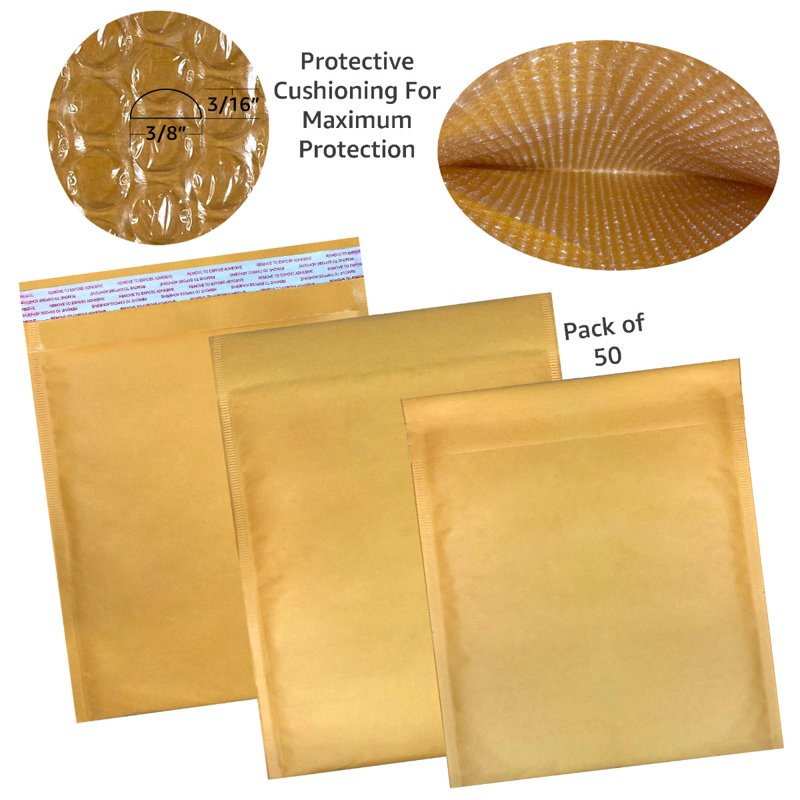 Kraft Bubble Mailers - Peel & Seal, 8.5 x 12 Inches, Pack of 50