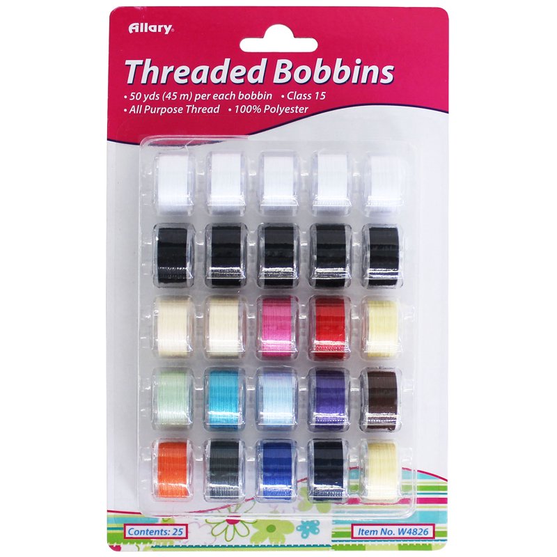 Allary Threaded Sewing Machine Bobbins Set - Assorted Polyester Thread, 50 Yards, 25 Pieces
