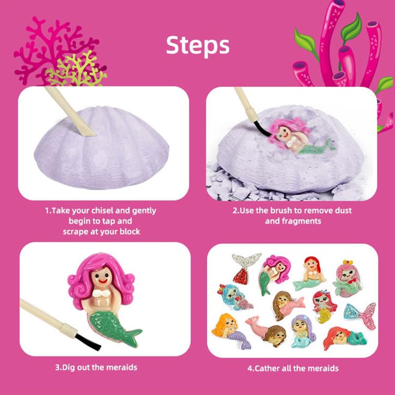 Kids Mermaid Dig Kit with Excavation Blocks and Treasure Hunt - STEM Educational Toy for Ages 6-12