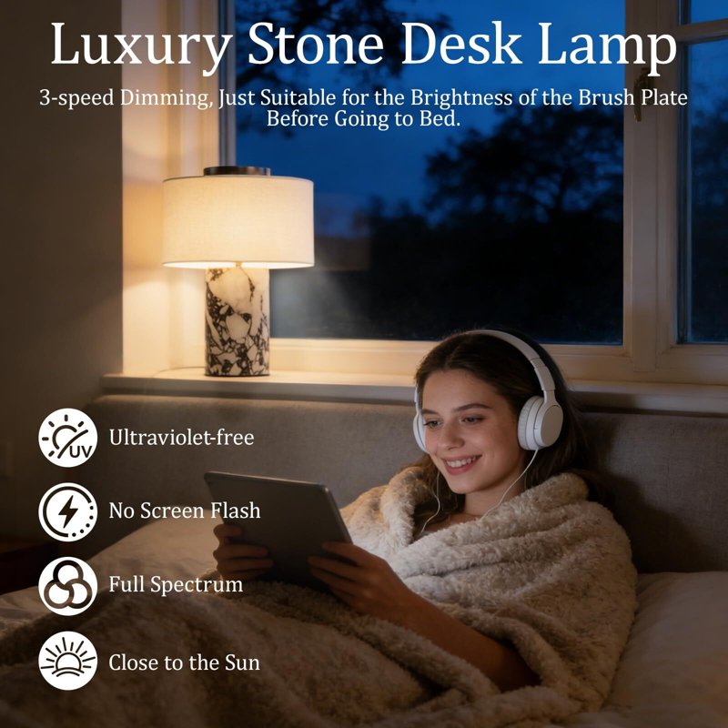 Marble Table Lamp with USB Charging Touch Dimmable Night Light