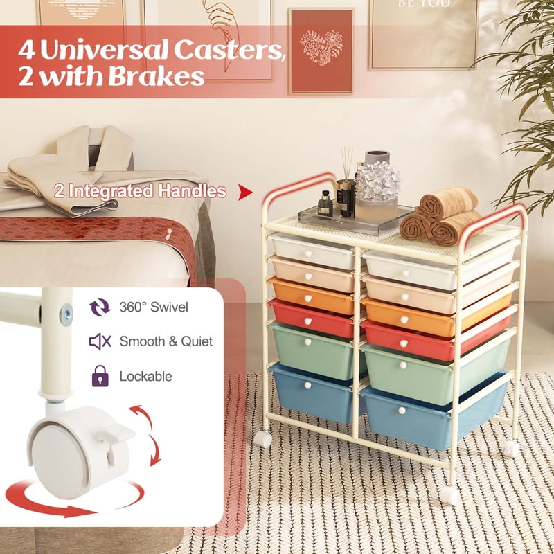 12-Drawer Rolling Storage Cart with Plastic Drawers for Home & Office Organization
