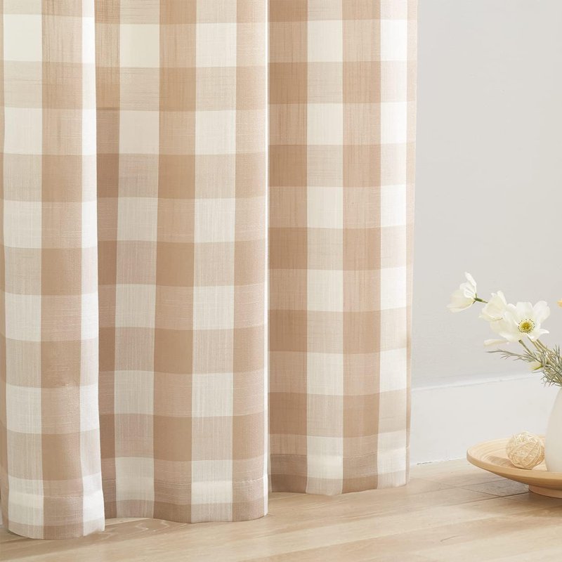 Buffalo Check Semi Sheer Curtain Panels Gingham Farmhouse Window Drapes 52x63