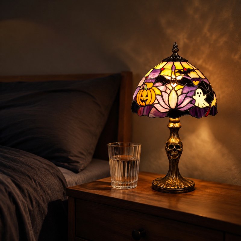 Halloween Stained Glass Pumpkin Lamp - Handcrafted Resin Accent Light with Gothic Decor