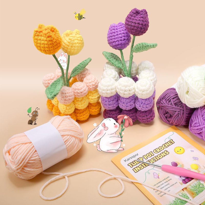 Beginner Crochet Kit with Hook and Tutorials for Creating Potted Tulip Plants