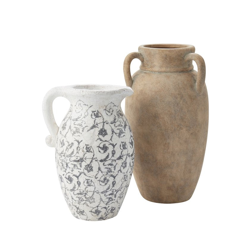 12-Inch Taupe Ceramic Vase with Handles - Farmhouse Decor Accent