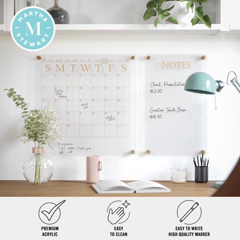 Acrylic Wall Calendar and Notes Board Set with Dry Erase Marker - Clear with Gold Print