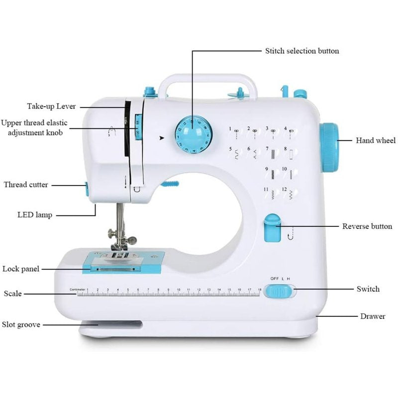 Mini Portable Sewing Machine with 12 Stitches for Beginners - Blue