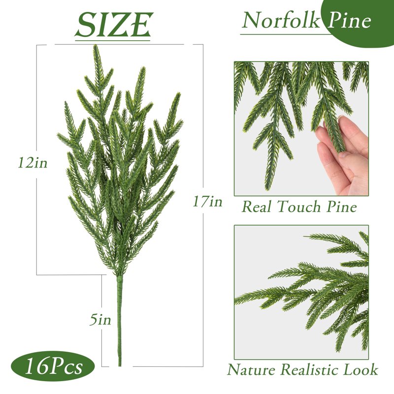 Artificial Norfolk Pine Branches Christmas Decor Set - 16 Real Touch Greenery
