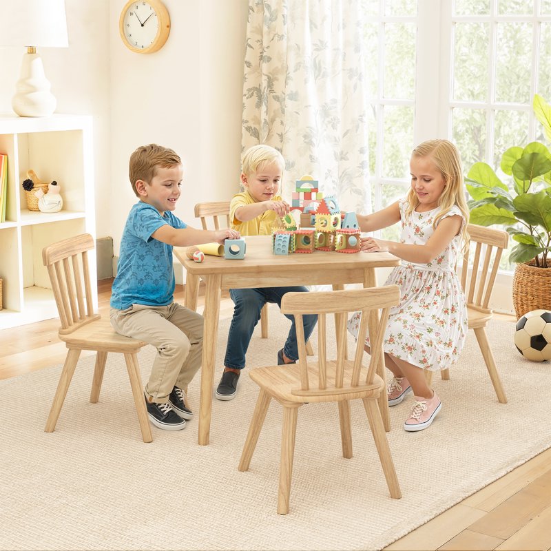 Kids Wooden Table and 4 Chairs Set - Natural Rubberwood Play Furniture with Non-Slip Legs