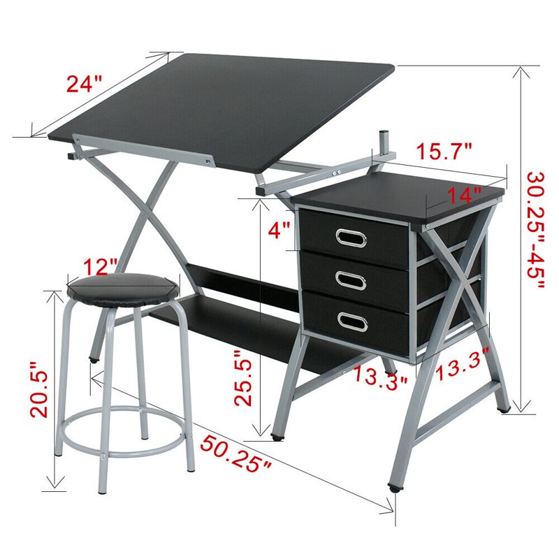 Adjustable Drafting Table with Stool, Art & Craft Workstation, Folding Design