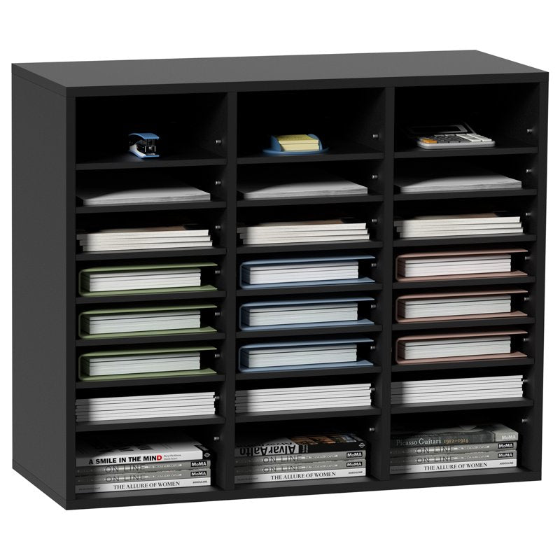 Wooden Document Storage Box with 24 Adjustable Compartments - Black