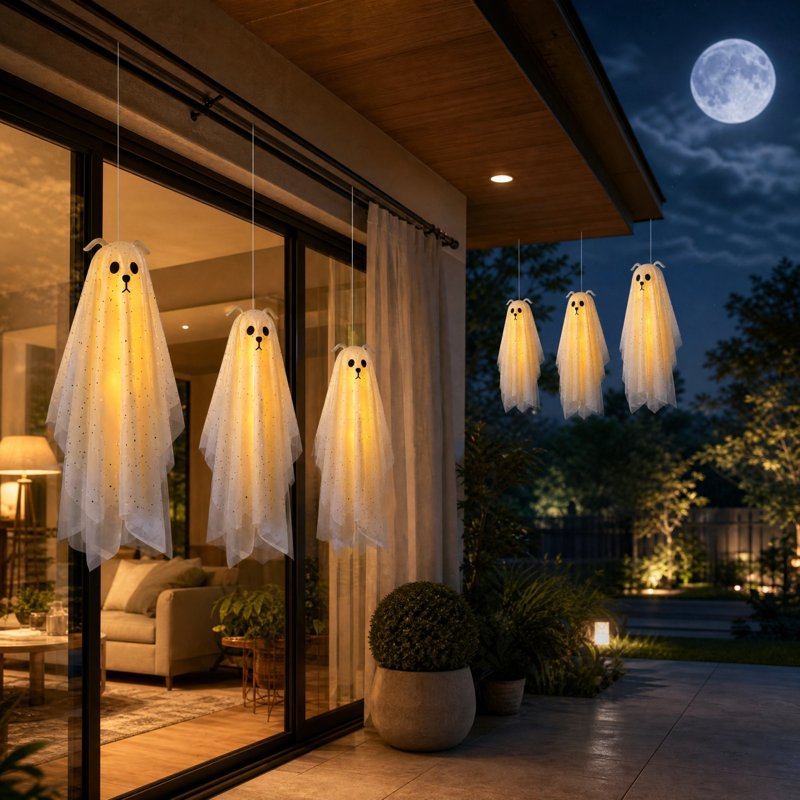 Halloween Outdoor Ghost Decorations Set with LED Lights - 3 Pack Hanging Spooky Ornaments